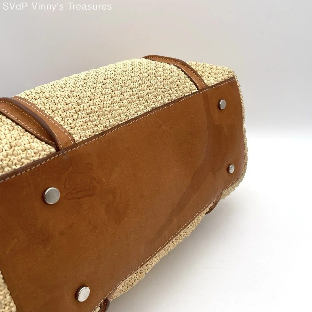 Cavalcanti Women's Woven Straw Leather Trim Tote Bag Tan Made in Italy Buckle